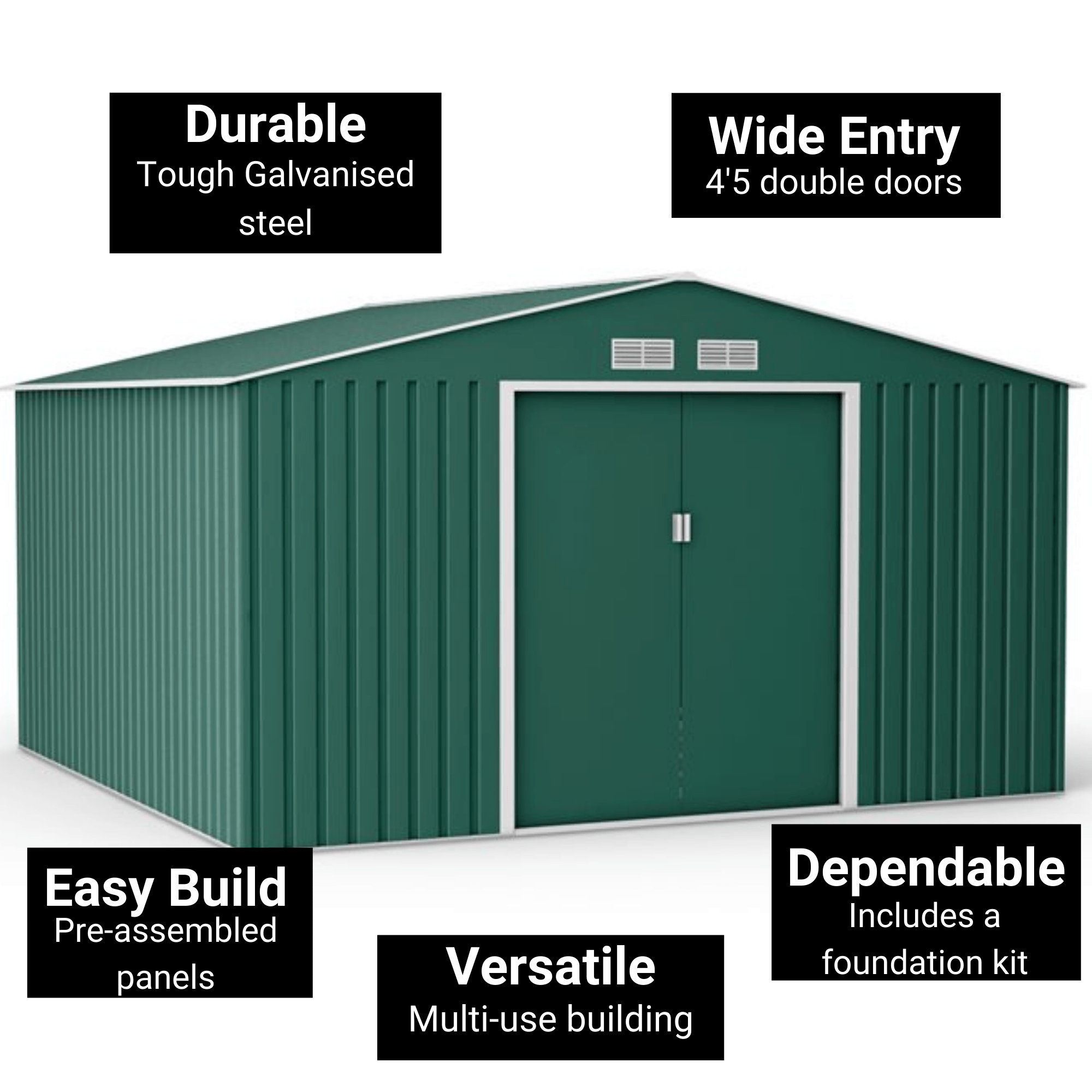 Lotus Orion 11 x 14 Apex Metal Shed With Foundation Kit - Dark Green