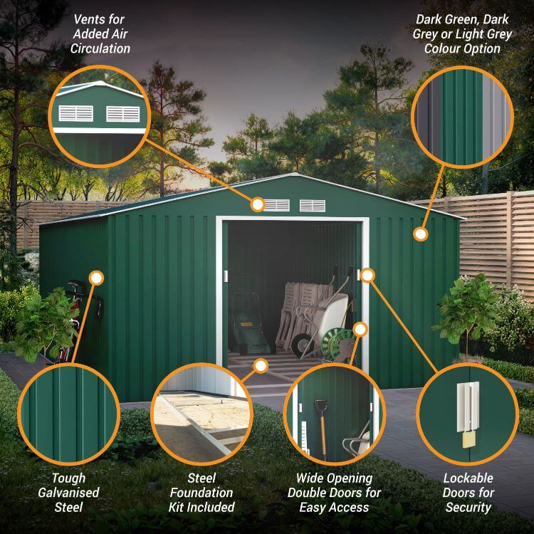 Lotus Orion 11 x 14 Apex Metal Shed With Foundation Kit - Dark Green