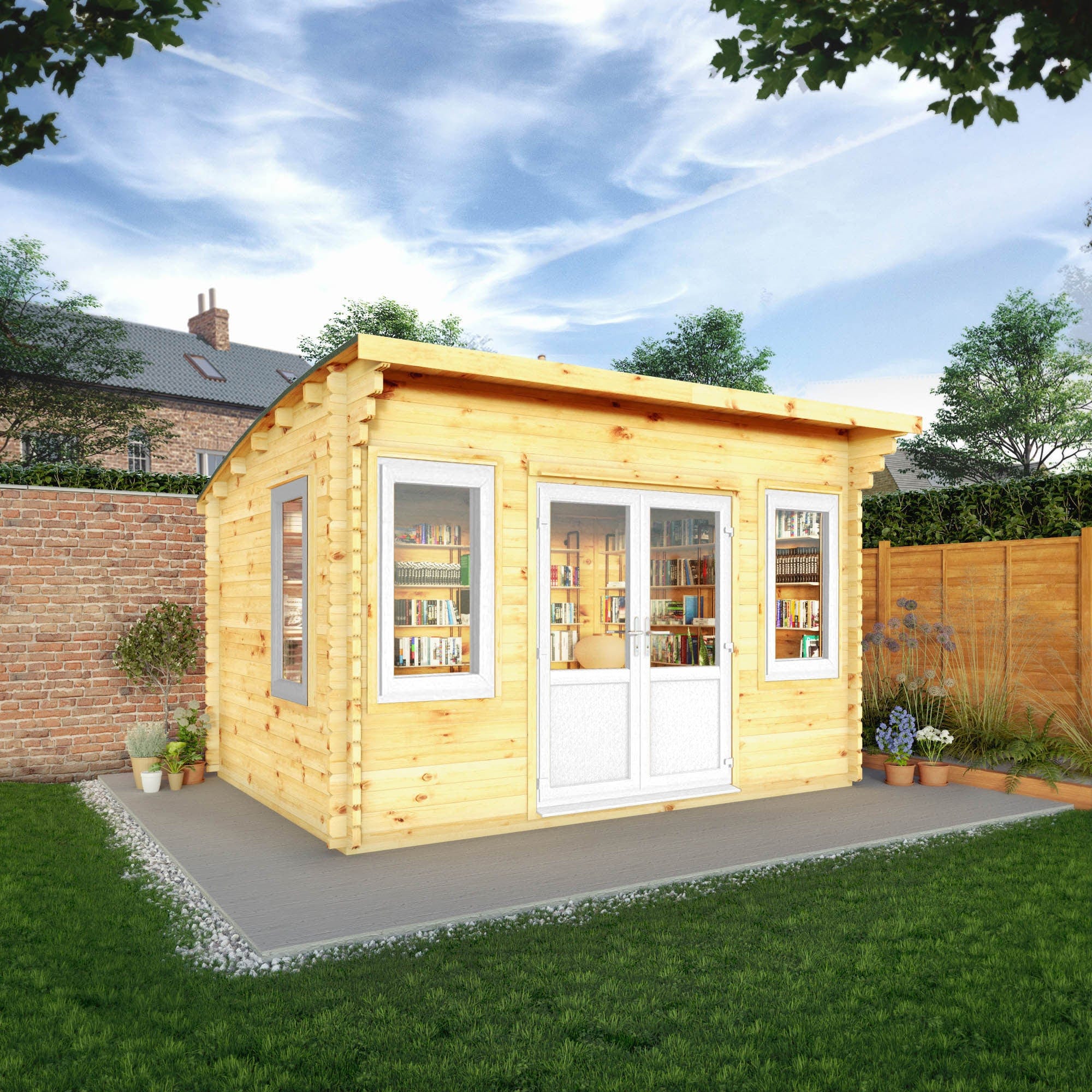 Mercia 13x10 (4m x 3m) Helios Curved Roof Log Cabin – 44mm UPVC White