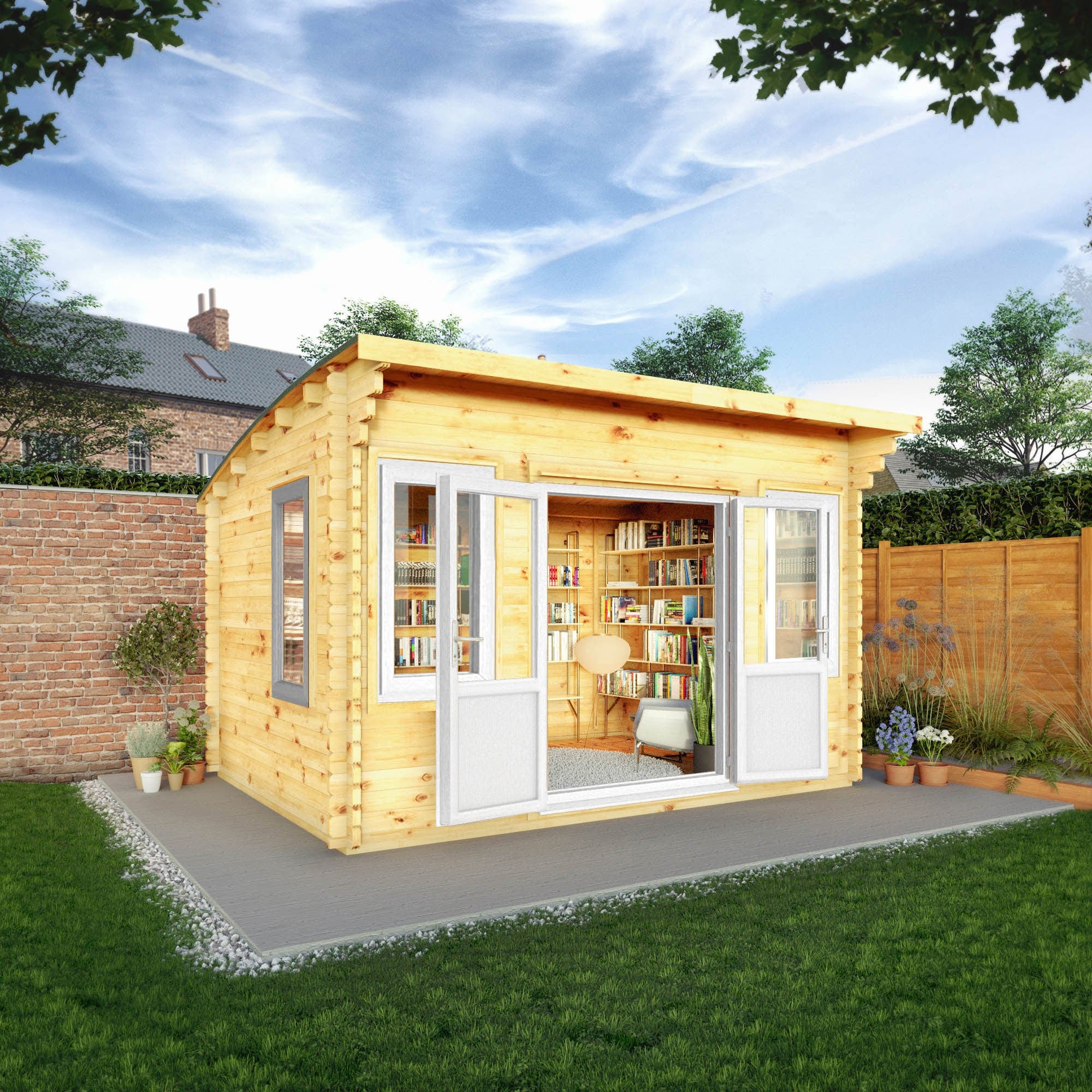 Mercia 13x10 (4m x 3m) Helios Curved Roof Log Cabin – 44mm UPVC White