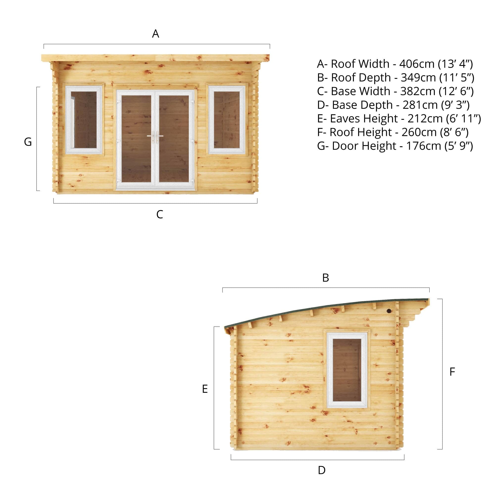 Mercia 13x10 (4m x 3m) Helios Curved Roof Log Cabin – 44mm UPVC White