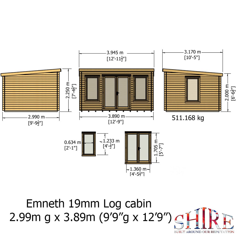 Shire Emneth 10 x 13 Pent Log Cabin in 19mm Logs