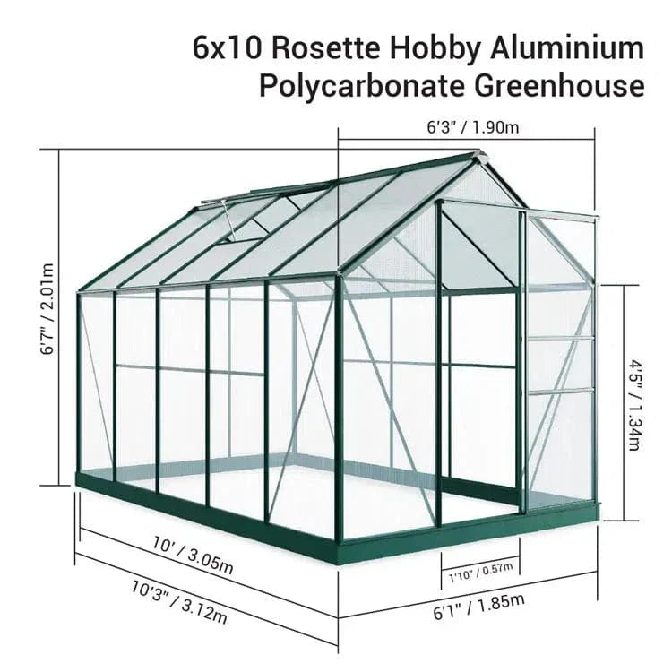 Rosette Hobby 6 x 10 Aluminium Greenhouse with Polycarbonate Glazing