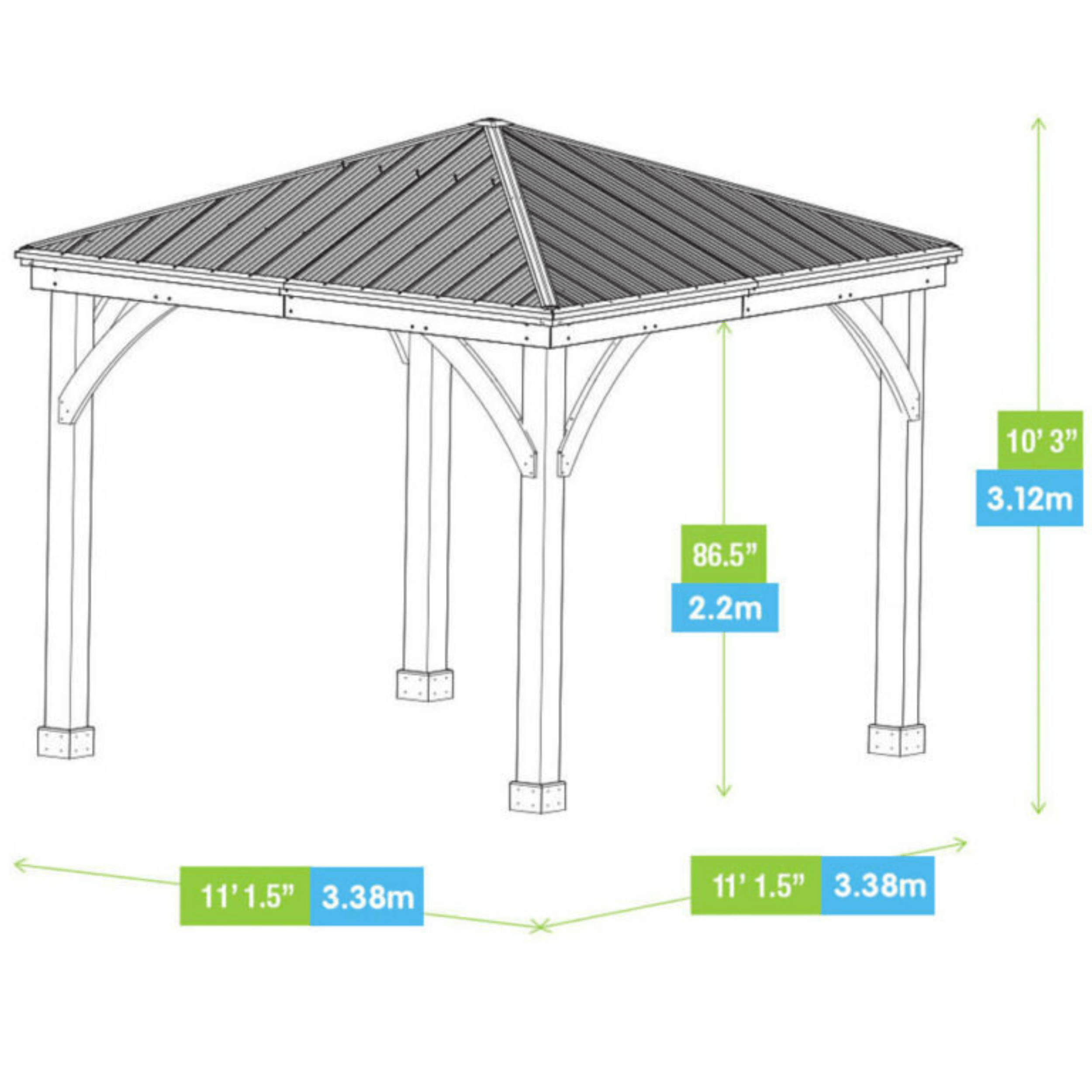 Yardistry Wooden Gazebo 12ft x 12ft (3.7m x 3.7m) with Rain Guttering Meridian Series