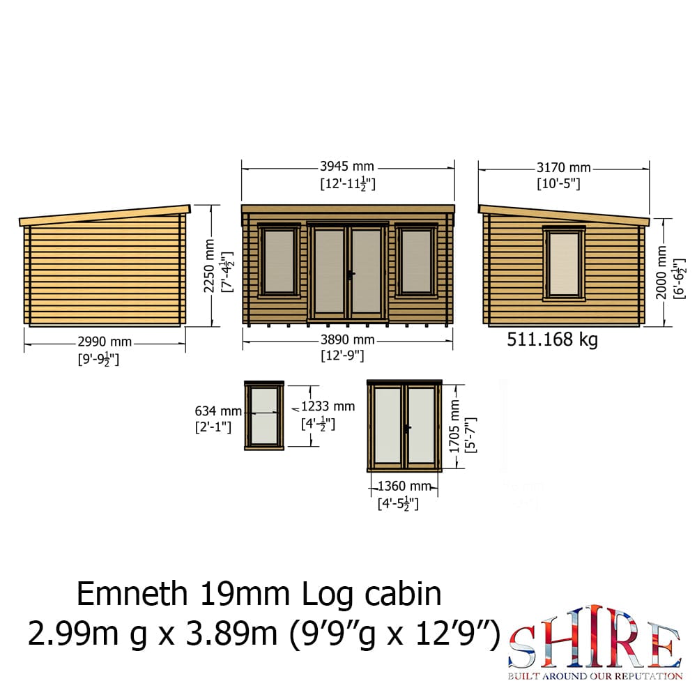 Shire Emneth 10 x 13 Pent Log Cabin in 19mm Logs
